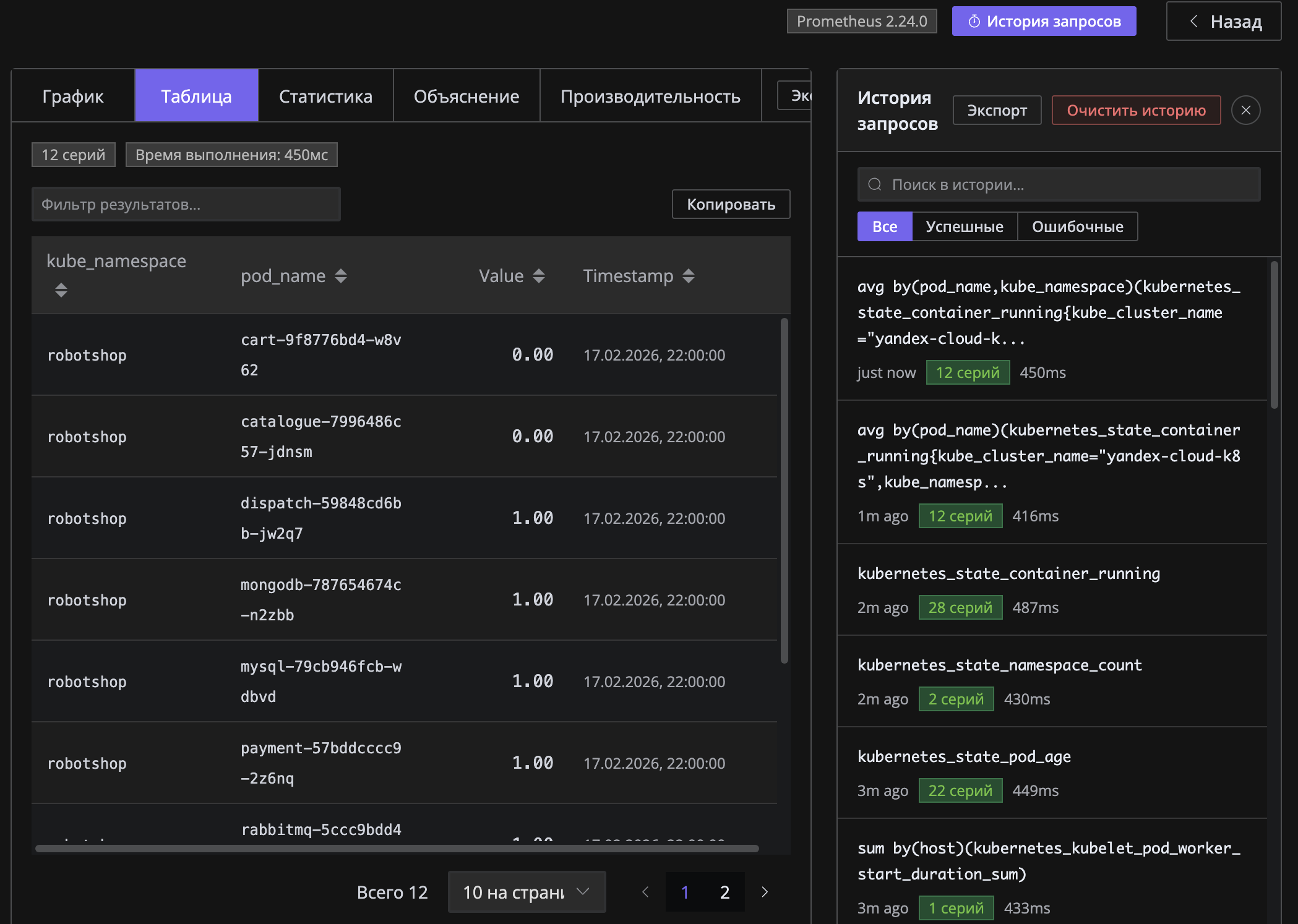 Панель истории запросов