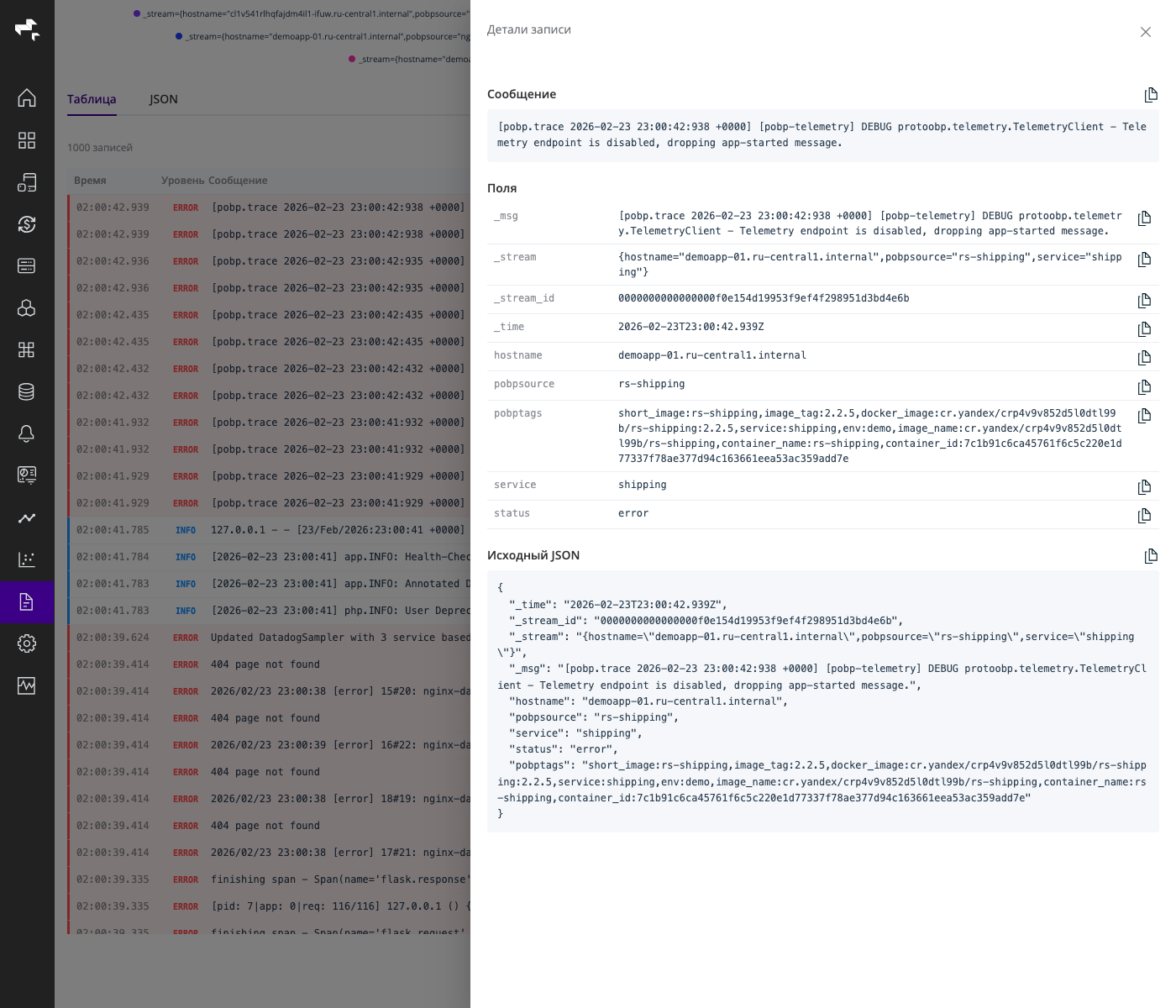 Панель деталей записи