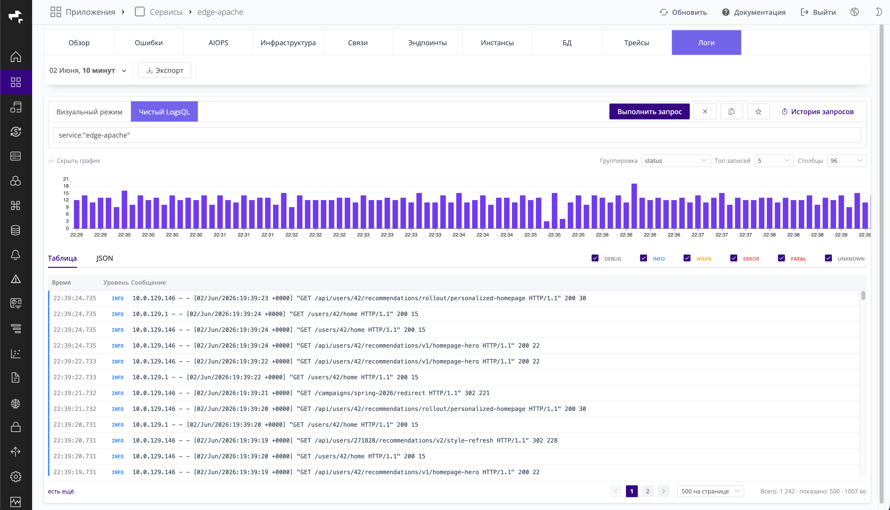 Логи сервиса, инструментированного с помощью OBI, в интерфейсе ProtoOBP